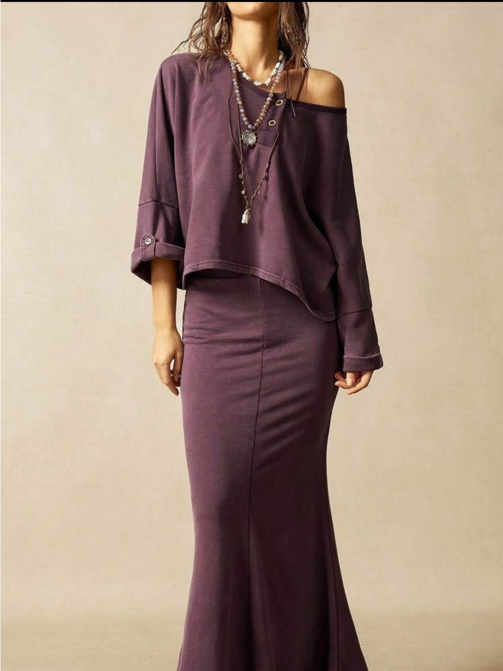 Boho 2pcs/Set Knit Round Neck Off Shoulder Loose T-Shirt & Long Mermaid Skirt